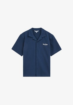 Camicia blu navy a manica corta con bottoni, in tessuto lavorato con ricamo "Blue Ridge" sul petto sinistro.