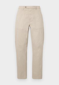 Beige kokvilnas cargo bikses ar taisnu kāju, priekšējo pogu aizdari un divām sānu kabatām. Gluda tekstūra un klasiskā dizaina.