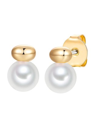 Guldørestikker med store hvide perler og glatte, afrundede guldtopse mod en hvid baggrund.