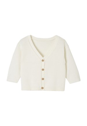 Hellcremefarbener gestrickter Baby-Cardigan mit langen Ärmeln und vier Holzknöpfen vorne.
