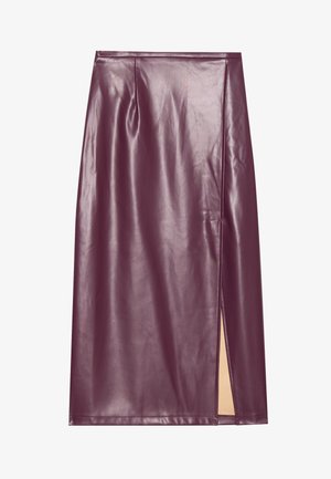 Burgundy faux leather pencil skirt with a side slit, smooth texture, and seam detailing, featuring a fitted silhouette and knee-length design.