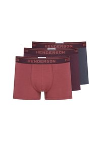 Three pairs of Henderson boxer briefs in red and dark gray. Each features a branded elastic waistband and a fitted design.