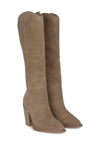 Botas de ante marrón hasta la rodilla con punta afilada y tacón grueso. Textura suave, diseño sencillo y una ligera curvatura en la parte superior.