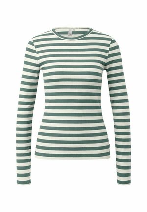 Top a maniche lunghe in costina nei toni del verde chiaro e bianco, con righe orizzontali, dal collo rotondo e dal design aderente. Tessuto morbido e leggero.