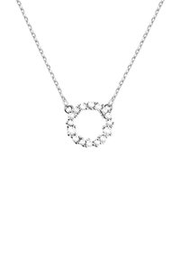 Collana d'argento con un pendente circolare decorato con gemme trasparenti, che mette in mostra un design della catena delicato e un centro aperto.