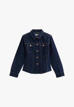 Donkerblauwe spijkerjack met lange mouwen, knoopsluiting aan de voorkant, twee borstzakken met knoopflappen en een puntige kraag.