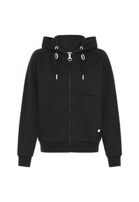 Crna zip-up majica s kapuljačom napravljena od mekog, teksturiranog materijala. Sadrži kenguruv džep, bijele akcentne vezice i rebraste manžete i donji rub.