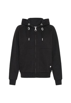 Sort zip-up hættetrøje lavet af blødt, struktureret stof. Har en kængurulomme, hvide snorede detaljer og ribbede manchetter og nederkant.