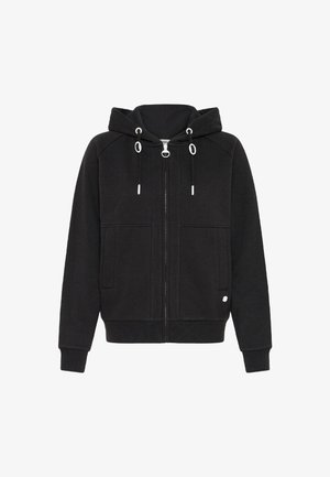 Svart zip-up hoodie tillverkad av mjukt, texturerat tyg. Har en känguruficka, vita snodddetaljer och ribbade ärmslut och nederkant.