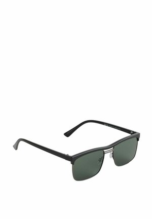Lunettes de soleil rectangulaires noires avec des verres vert foncé. Détails métalliques sur le pont, branches fines et embouts en caoutchouc pour le confort.