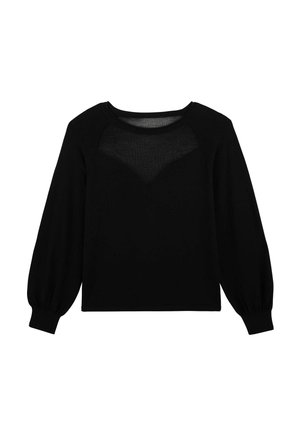 Blouse noire à manches longues avec poignets bouffants et panneau triangulaire transparent sur le haut de la poitrine et les épaules.