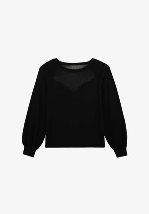 Blouse noire à manches longues avec poignets bouffants et panneau triangulaire transparent sur le haut de la poitrine et les épaules.