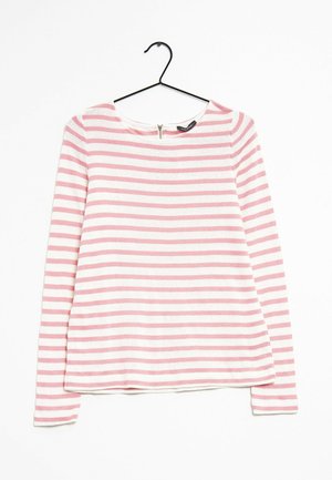 Gestreiftes Langarmshirt in Pink und Weiß, mit Rundhalsausschnitt und einem Reißverschluss auf der Rückseite, aus leichtem, strukturiertem Stoff.
