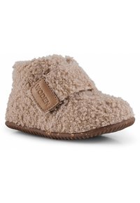Pantofole in pile beige, testurizzate, con cinturino in velcro e suola in gomma. Forma rotonda con un esterno morbido e accogliente per il calore.