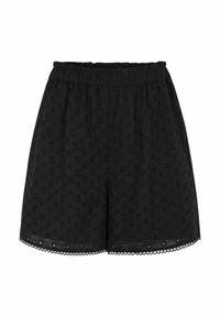 Svart bomullsshorts med ett blommigt ögla-mönster, elastisk midja och vågig nederkant. Lätt och ventilerande tyg som är perfekt för varmt väder.