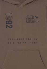 Hoodie marrone con tasca frontale, cappuccio con cordino e scritte in blu navy che recitano "Abercrombie", "1892" e "Fondato a New York City."