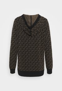 Sudadera con capucha en negro y marrón que presenta un patrón de logotipos repetido, puños y cintura acanalados, y un diseño de capucha sin costuras.