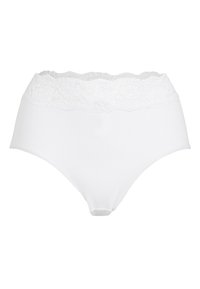 Vita bomullsunderkläder med hög midja som har ett spetsmidjeband, slät textur och hel täckning. Inga synliga mönster eller detaljer.