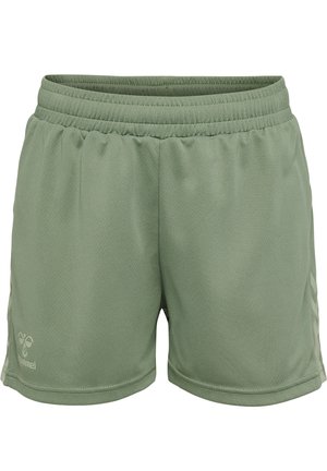 Shorts de sport verts en tissu léger. Dotés d'une taille élastique et d'une texture subtile, avec un logo sur le bas à gauche.