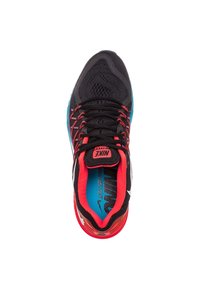 Black athletic shoe with red accents and blue sole. Mesh upper with black laces and reflective details. Nike logo on tongue.