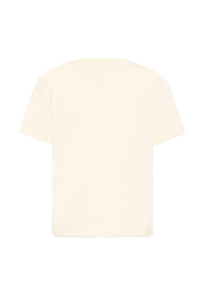 T-shirt à manches courtes, col rond, couleur blanc cassé uni, présenté de dos sur un fond blanc.