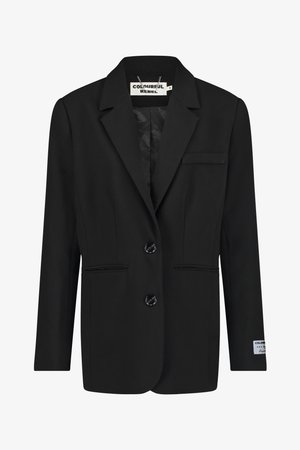 Blazer noir en tissu lisse, doté d'un col cranté, de deux poches avant et de boutons noirs doubles. Étiquette visible à l'intérieur du col.