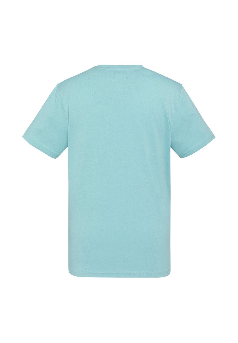 Camiseta de algodón azul claro con mangas cortas, escote redondo y textura suave. Sin gráficos ni patrones, presenta un diseño simple y clásico.