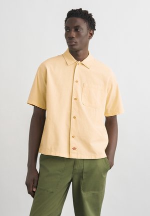 Hombre vestido con una camisa de manga corta de color amarillo claro y pantalones verde oliva, de pie con una mano en el bolsillo contra un fondo liso.