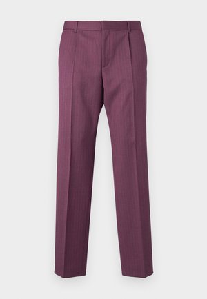 Pantaloni violet cu dungi fine, cu picioare drepte, design ajustat și buzunare frontale. Realizați dintr-un material ușor, inclusiv bucle pentru curea și pliu frontal.