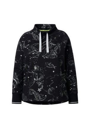 Sudadera negra con un patrón plateado inspirado en el océano, cuello alto con cordones grises y puños acanalados con franjas blancas.