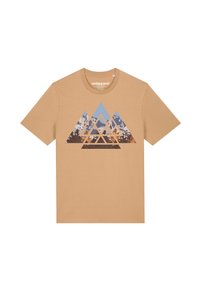 Beige Baumwoll-T-Shirt mit einem geometrischen Berggrafik in Blau-, Braun- und Weißtönen. Mit kurzen Ärmeln und Rundhalsausschnitt.
