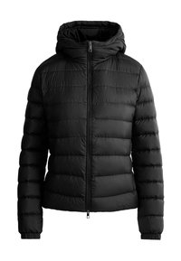 Fekete steppelt tollkabát kapucnival, teljes elől cipzárral és elasztikus mandzsettákkal, hideg időjárásra tervezve.