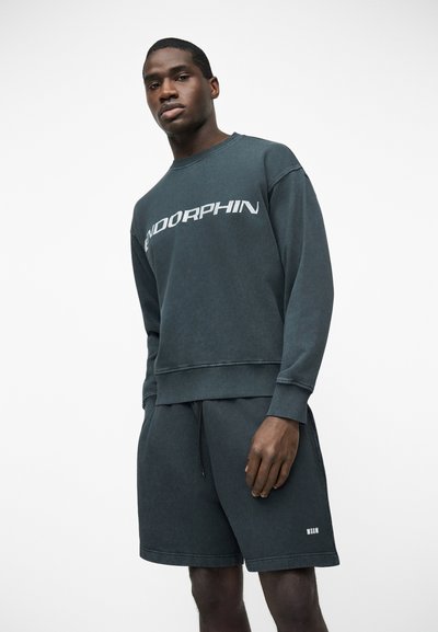 Homme portant un sweat-shirt gris foncé avec le texte "ENDORPHIN" et un short assorti avec un petit logo "MSGM", debout devant un fond blanc.