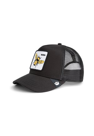 Black cap with a mesh back, featuring a rectangular patch displaying an embroidered yellow bee and the word "QUEEN."