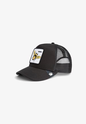 Black cap with a mesh back, featuring a rectangular patch displaying an embroidered yellow bee and the word "QUEEN."