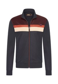 Navy zip-up jacket with a high collar, featuring maroon, orange, and cream horizontal stripes across the chest and side pockets.