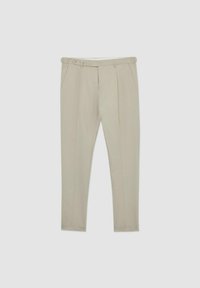 Beige maßgeschneiderte Hosen aus glattem Stoff, mit vorderen Falten, schrägen Taschen und einem Knopfverschluss. Slim-Fit und knöchellang.