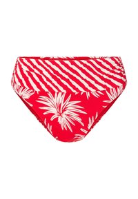 Slip bikini rosso con motivo di foglie tropicali bianche, caratterizzato da strisce orizzontali. Realizzato in tessuto elasticizzato, presenta un design a vita alta.
