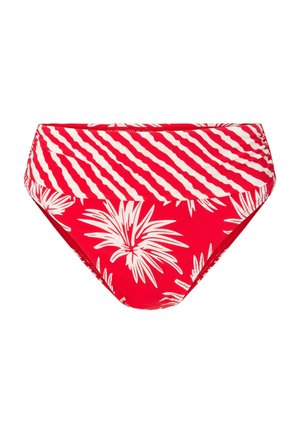 Červené bikiny s bielym tropickým listovým vzorom, so smerovými pruhmi. Vyrobené z elastického materiálu, majú vysoký pás.
