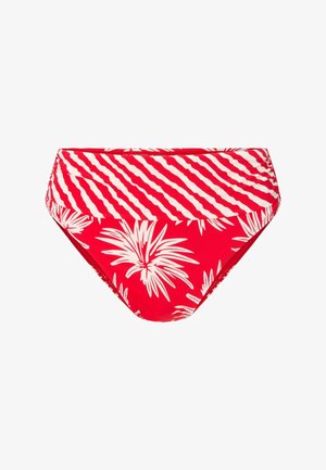 Rode bikini-slip met een wit patroon van tropische bladeren, met horizontale strepen. Gemaakt van rekbare stof, heeft het een hoogtaille ontwerp.