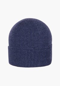 Marineblaues Strickmütze mit gerundetem Oberteil und geripptem Muster, mit umgeschlagenem Bündchen für eine verstellbare Passform.
