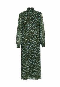 Langes, grünes Kleid mit einem blauen abstrakten Muster, hohem Kragen und gerafften langen Ärmeln. Hergestellt aus leichtem, strukturiertem Stoff.