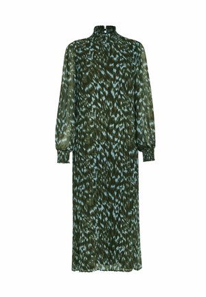 Robe longue verte avec un motif abstrait bleu, col haut et manches longues froncées. Fabriquée en tissu léger et texturé.