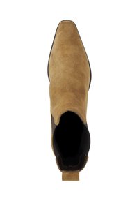 Tan suede ankle boot with a pointed toe and elastic side panels. Features a pull tab at the back for easy wear. Smooth texture.
