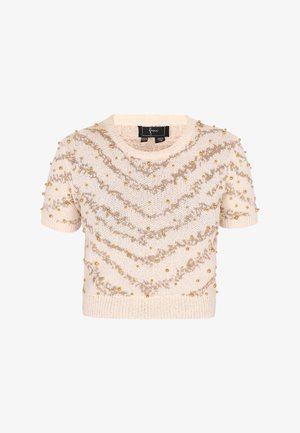 Short-sleeve cream knit sweater with golden bead accents and zigzag patterns. Features a round neckline and a textured fabric.