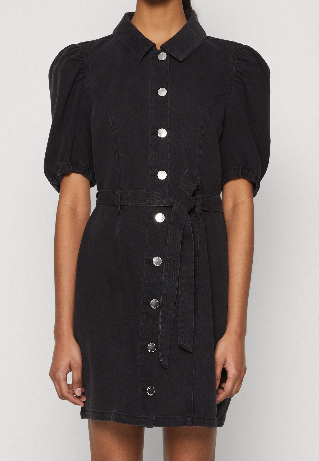 petite black denim dress ASOS DESIGN Petite babydoll denim dress in black