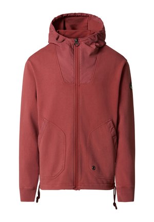 Chaqueta con capucha color granate con cremallera, bolsillos delanteros, puños acanalados y cordones ajustables en el dobladillo y la capucha.