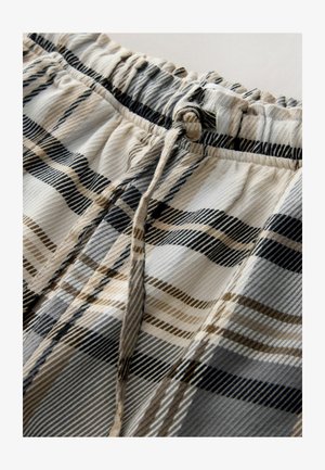 Ruudulised lühikesed püksid elastse vöökoha ja nööriga. Värvid hõlmavad beezhi, musta ja halli ning neil on ribakujuline tekstuur.