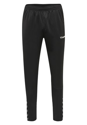 Schwarze Sporthose aus glattem, leichtem Material mit einem elastischen Bund und seitlichen Streifen, die ein geometrisches Muster zeigen.