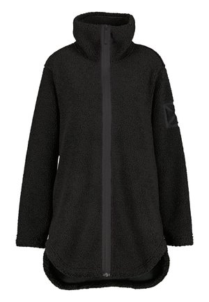 Zwarte fleece pullover met hoge kraag, rits aan de voorkant en zijsplits. Heeft een gestructureerde stof en een geometrische patch op de mouw.